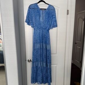 Anthropologie Blue Smocked Maxi Dress with Flutter Sleeves